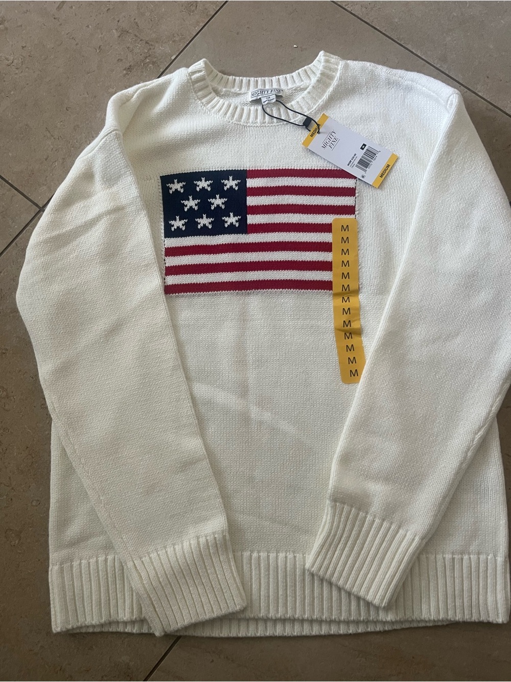 4th of July Mighty Fine White Crewneck Sweater with Flag Knit